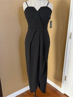 Alexa B Nites Black Cocktail Midi Dress NWT Size 4 Pleated Stretch Tea Length